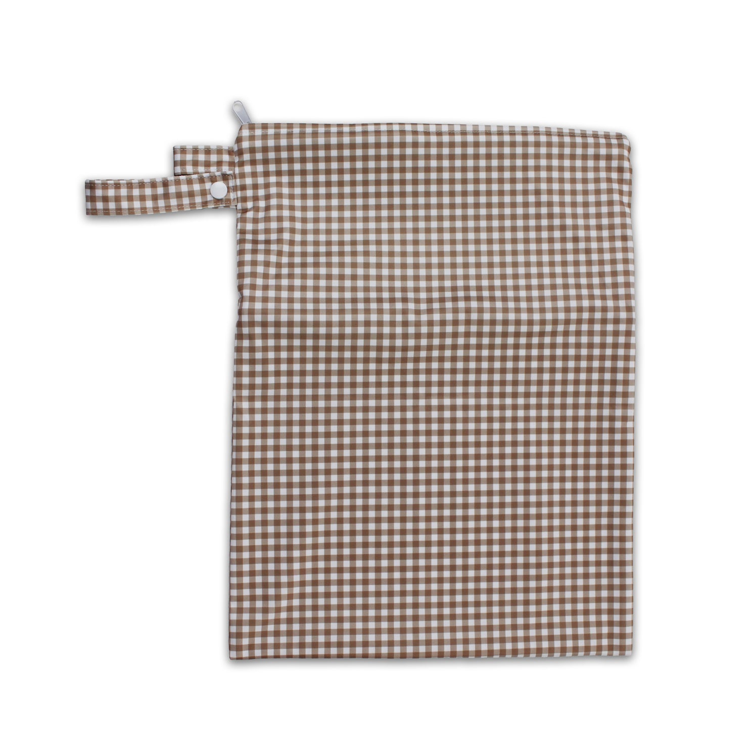 Tyoub Waterproof Stay-dry Zip Wet Bag– Fawn White Gingham Check Measures 30 x 40 cm. Large front zipped pocket to separate items. Main pouch with zipper to keep wet and dry things separate. Each pocket is waterproofed and zipped. Lightweight and easy to pack and carry.Come with a handy strap for easy carrying or hooking to your nappy bag or stroller.