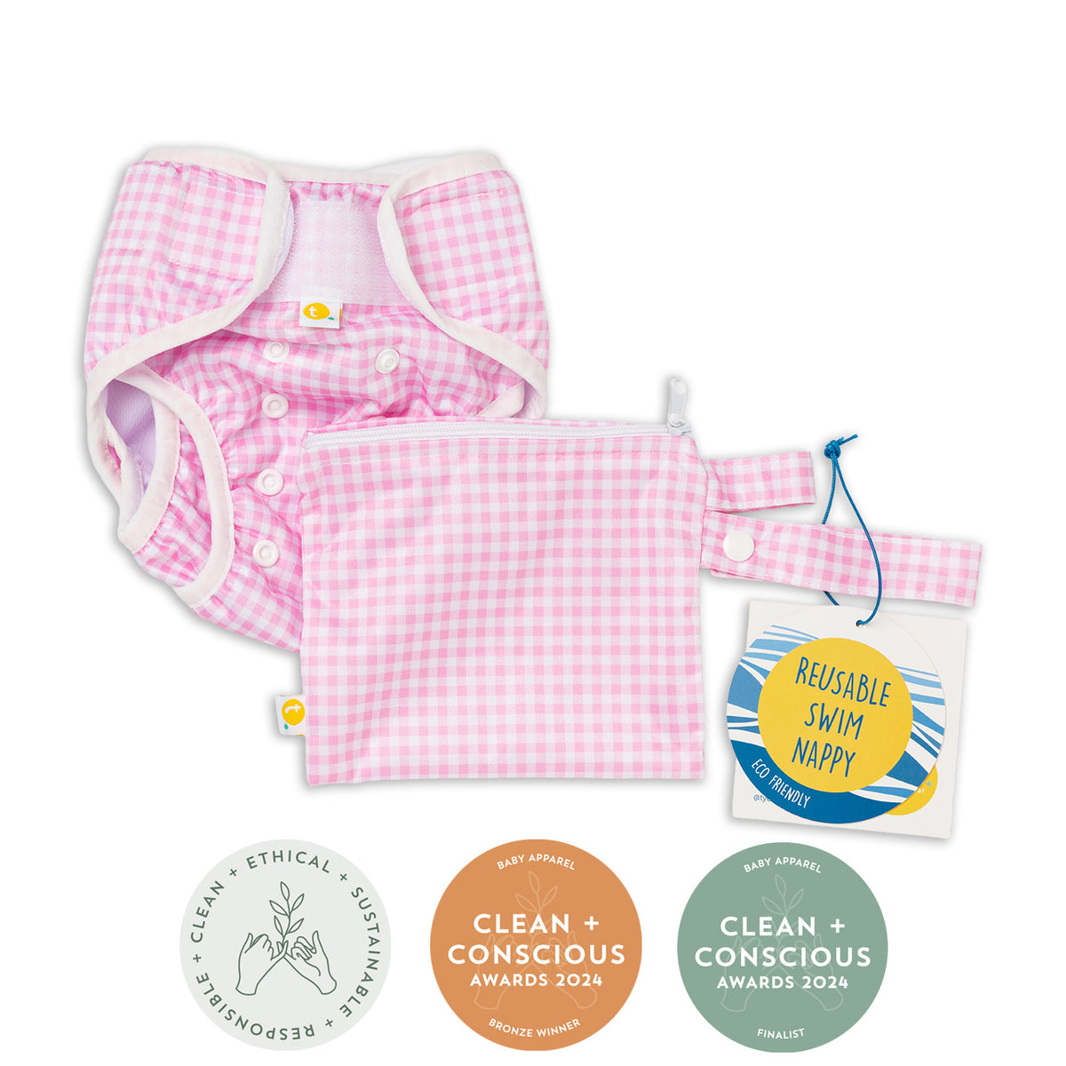 Award Winning Clean + Conscious Awards Baby Apparel. Reusable swim nappy with blue checkered pattern and packaging on a white background