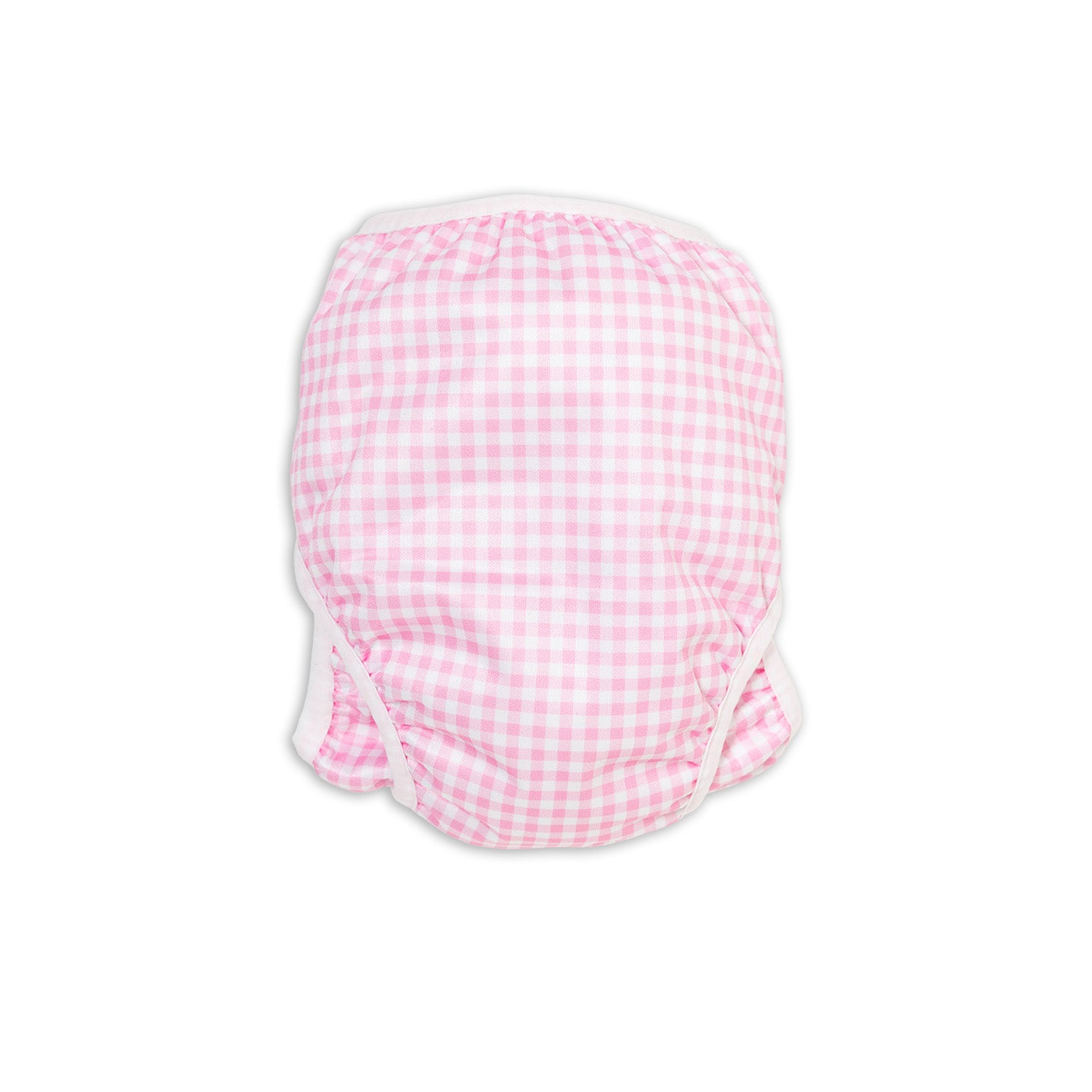Back Pink gingham baby reusable swim nappy cover on a white background