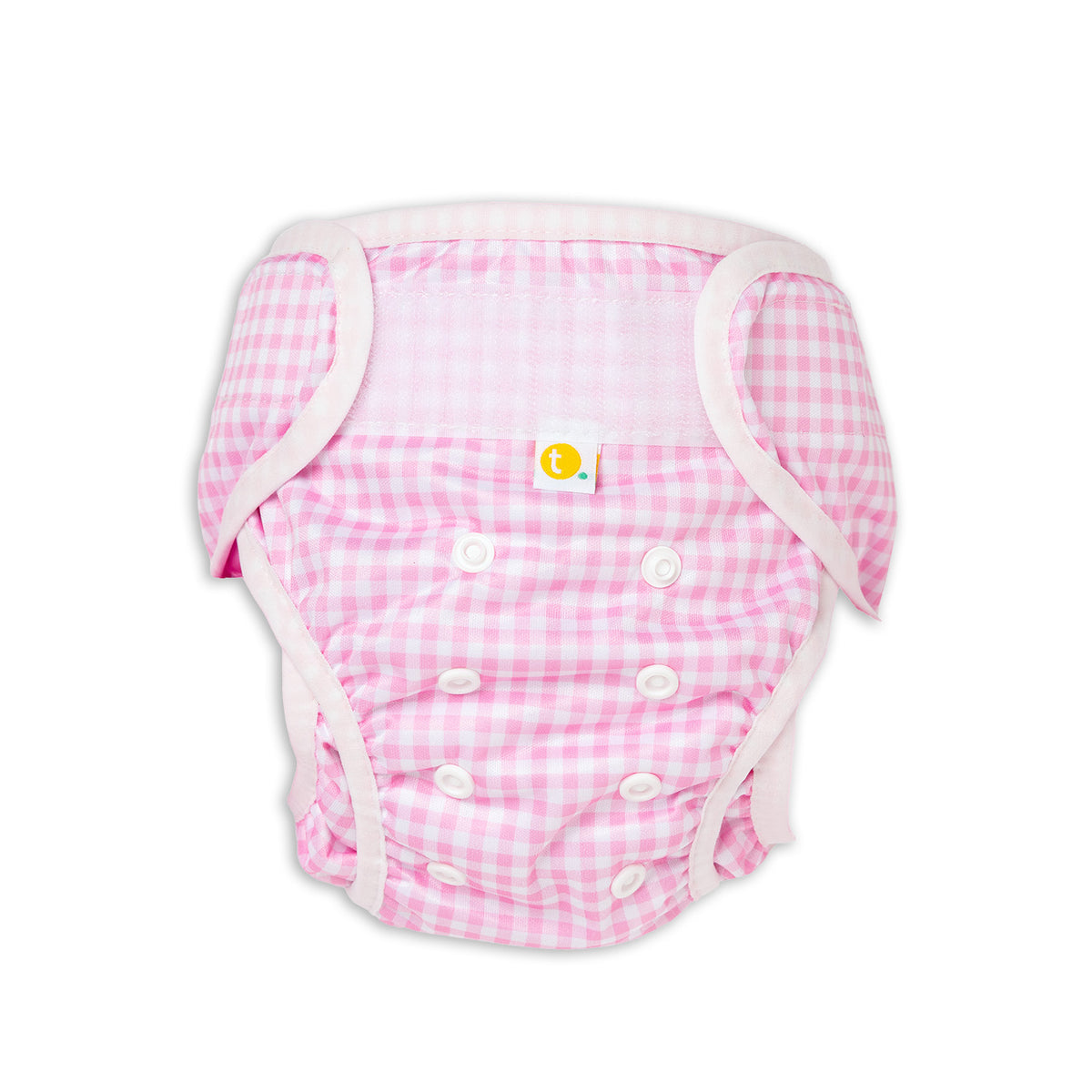 Front Pink gingham baby reusable swim nappy cover with resin snaps and velcro on a white background