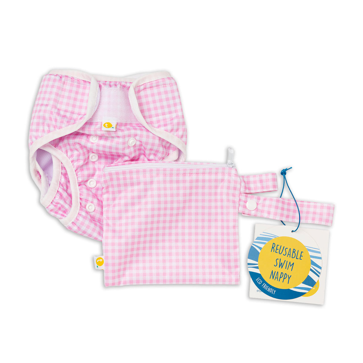 Set of Pink gingham baby reusable swim nappy cover and matching pink small wet bag with zip on a white background