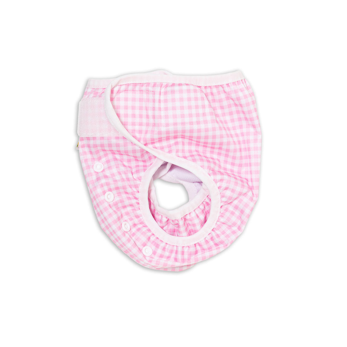 Side view of leg double gusset Pink gingham baby reusable swim nappy cover on a white background