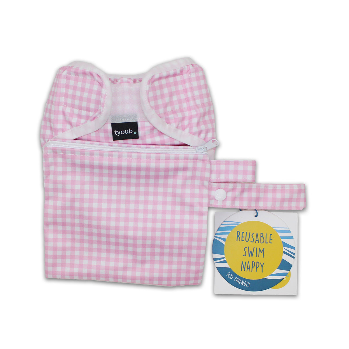 On The Go - Gift Set, Reusable Swim Nappy, Wet Bag and Baby Bib - Pink Check