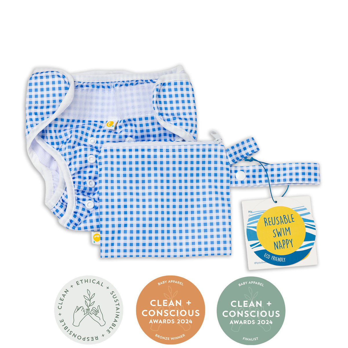 Award Winning Clean + Conscious Awards Baby Apparel. Reusable swim nappy with blue checkered pattern and packaging on a white background