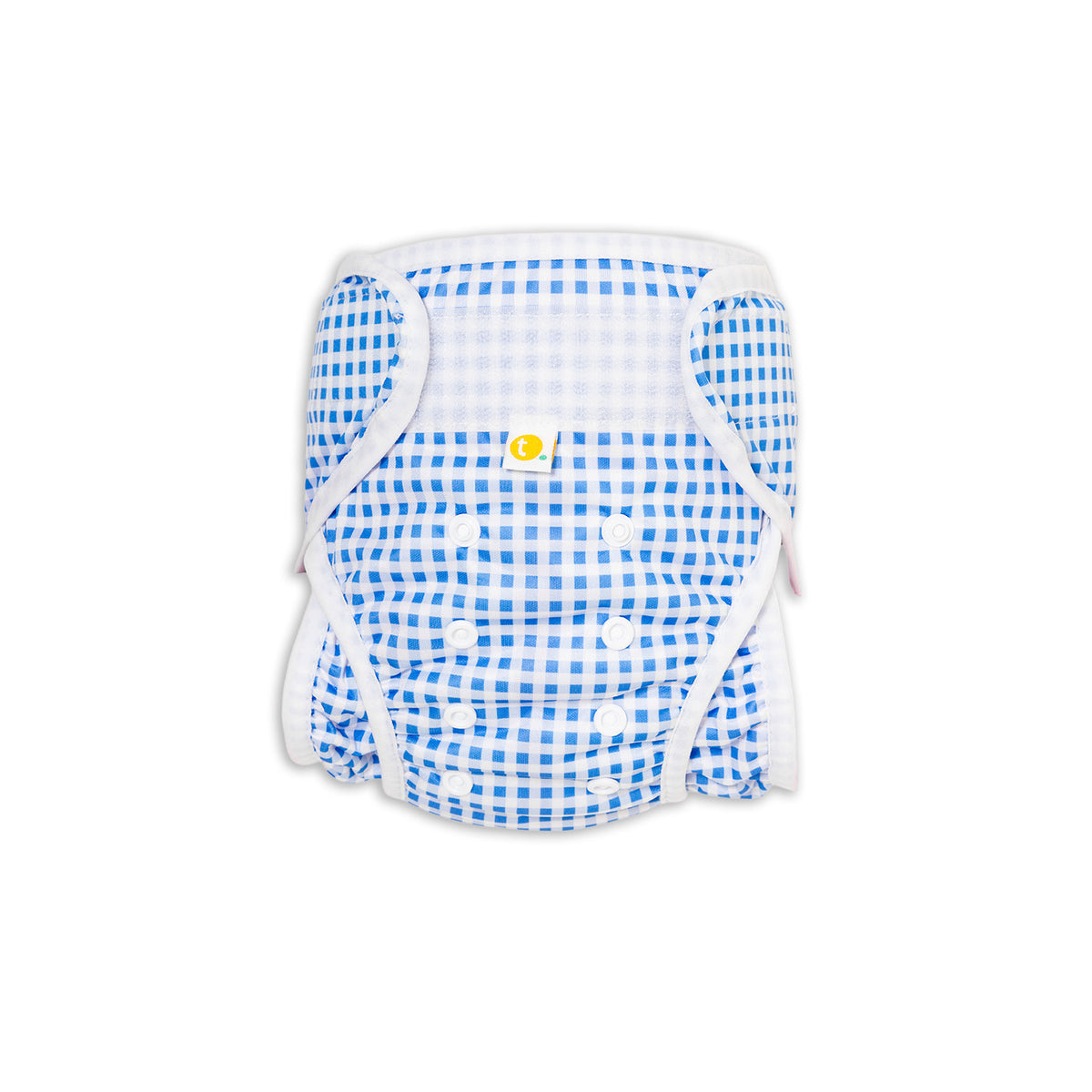 Front view. Tyoub Reusable and Adjustable Swim Nappy. The Reusable Swim Nappy and Wet Bag in the colour black and white Gingham Check is Excellent for swimming lessons and all aquatic play. This swim nappy fits all babies from 3 months to 3 years old. With double inner leg gusset, it is leak and accident proof. Has a Snug fit and soft elastic seams. With no gaps, the exact waistband fit with soft VELCRO tabs. Made in quick dry fabric.