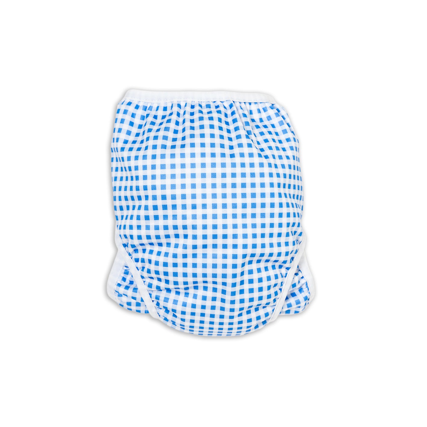 Back view. Tyoub Reusable and Adjustable Swim Nappy. The Reusable Swim Nappy and Wet Bag in the colour black and white Gingham Check is Excellent for swimming lessons and all aquatic play. This swim nappy fits all babies from 3 months to 3 years old. With double inner leg gusset, it is leak and accident proof. Has a Snug fit and soft elastic seams. With no gaps, the exact waistband fit with soft VELCRO tabs. Made in quick dry fabric.