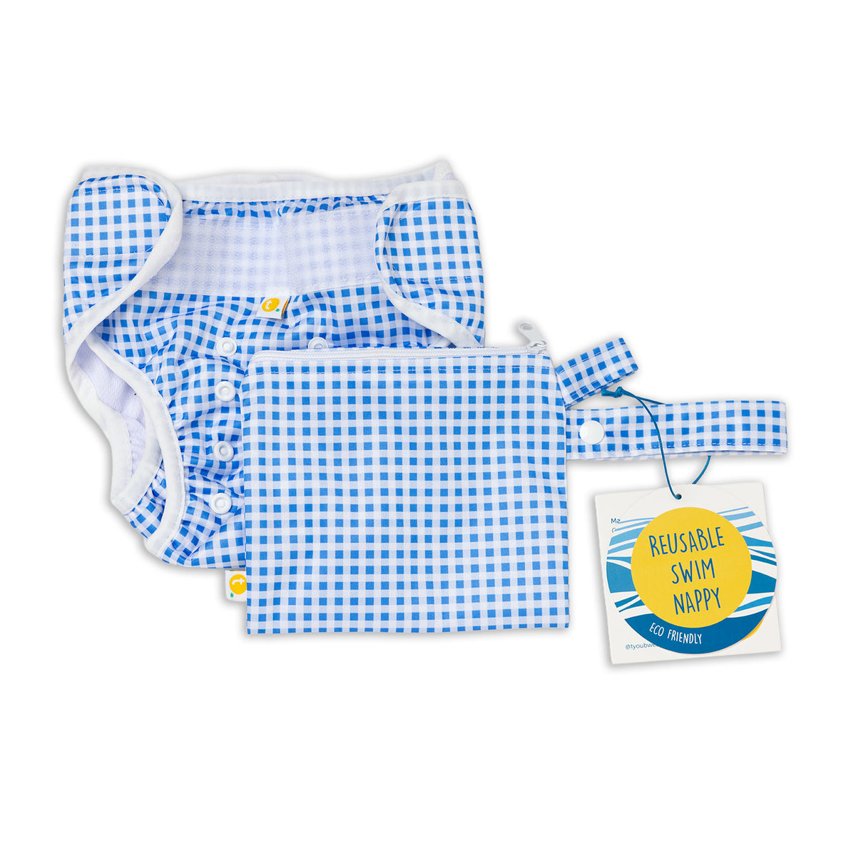 Set of wet bag and swim nappy. Tyoub Reusable and Adjustable Swim Nappy. The Reusable Swim Nappy and Wet Bag in the colour black and white Gingham Check is Excellent for swimming lessons and all aquatic play. This swim nappy fits all babies from 3 months to 3 years old. With double inner leg gusset, it is leak and accident proof. Has a Snug fit and soft elastic seams. With no gaps, the exact waistband fit with soft VELCRO tabs. Made in quick dry fabric.