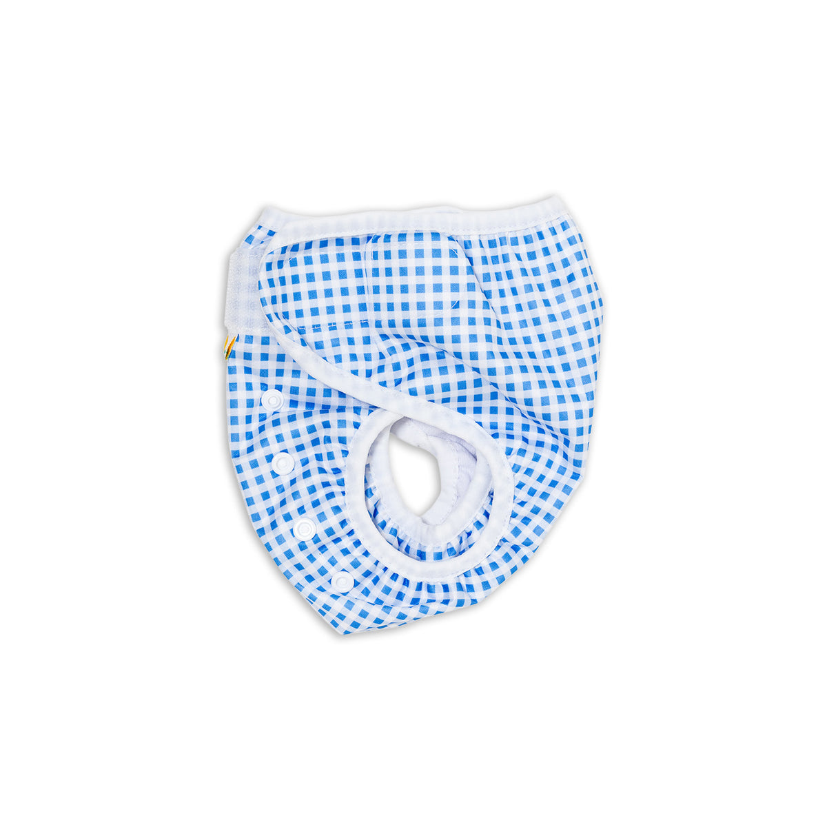 Side view. Tyoub Reusable and Adjustable Swim Nappy. The Reusable Swim Nappy and Wet Bag in the colour black and white Gingham Check is Excellent for swimming lessons and all aquatic play. This swim nappy fits all babies from 3 months to 3 years old. With double inner leg gusset, it is leak and accident proof. Has a Snug fit and soft elastic seams. With no gaps, the exact waistband fit with soft VELCRO tabs. Made in quick dry fabric.