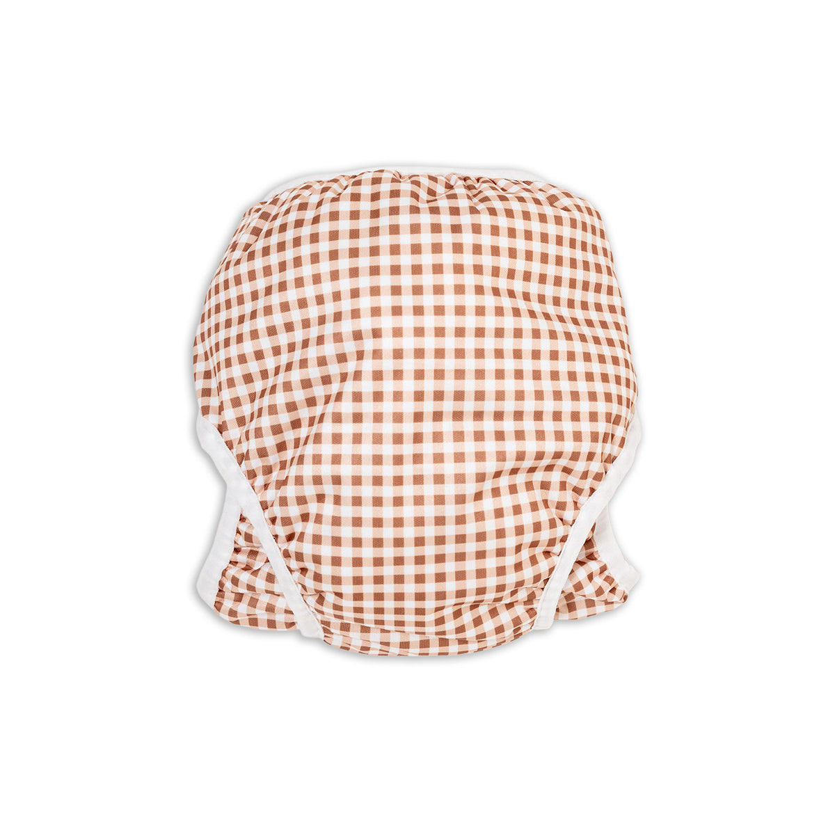 Back View. Tyoub Reusable and Adjustable Swim Nappy. The Reusable Swim Nappy and Wet Bag in the colour fawn brown and white Gingham Check is Excellent for swimming lessons and all aquatic play. This swim nappy fits all babies from 3 months to 3 years old. With double inner leg gusset, it is leak and accident proof. Has a Snug fit and soft elastic seams. With no gaps, the exact waistband fit with soft VELCRO tabs. Made in quick dry fabric.