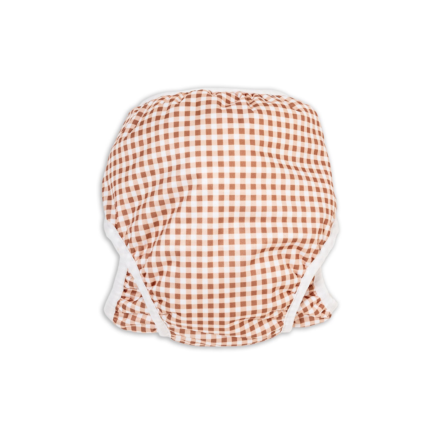 Back View. Tyoub Reusable and Adjustable Swim Nappy. The Reusable Swim Nappy and Wet Bag in the colour fawn brown and white Gingham Check is Excellent for swimming lessons and all aquatic play. This swim nappy fits all babies from 3 months to 3 years old. With double inner leg gusset, it is leak and accident proof. Has a Snug fit and soft elastic seams. With no gaps, the exact waistband fit with soft VELCRO tabs. Made in quick dry fabric.