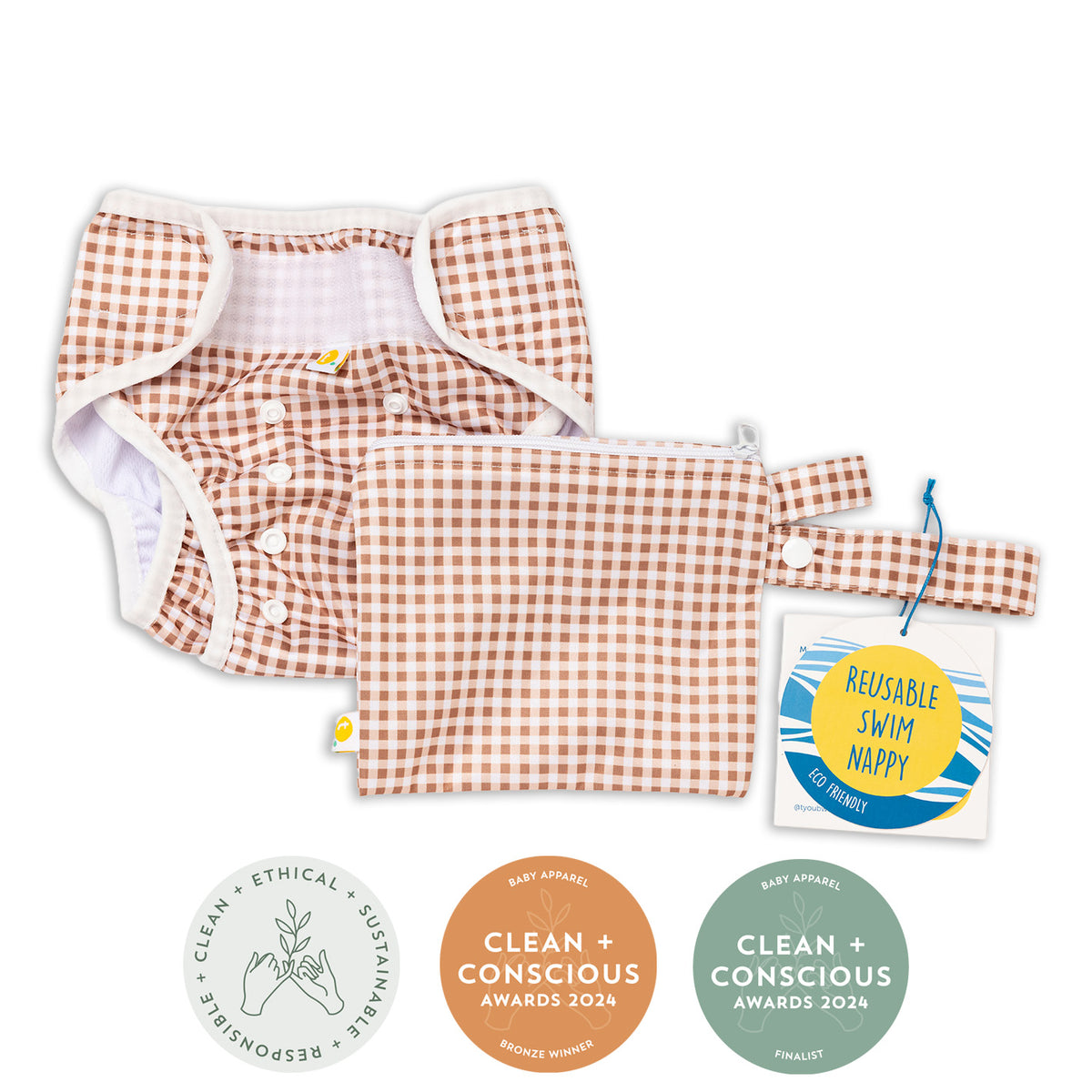 Award Winning Clean + Conscious Awards Baby Apparel. Reusable swim nappy with fawn brown checkered pattern and packaging on a white background