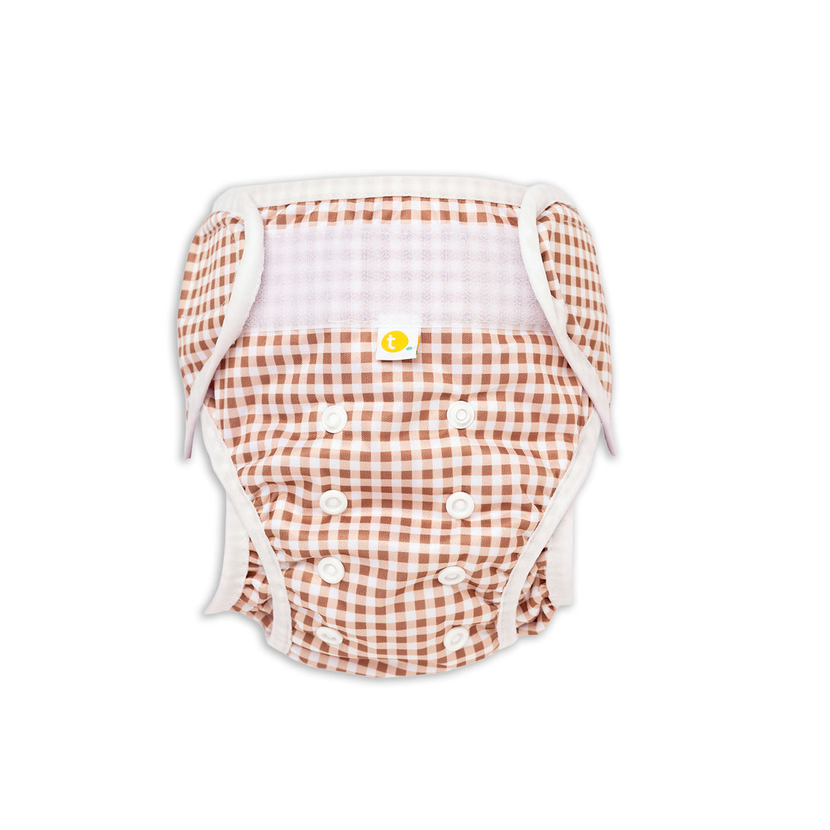 Front Tyoub Reusable and Adjustable Swim Nappy. The Reusable Swim Nappy and Wet Bag in the colour fawn brown and white Gingham Check is Excellent for swimming lessons and all aquatic play. This swim nappy fits all babies from 3 months to 3 years old. With double inner leg gusset, it is leak and accident proof. Has a Snug fit and soft elastic seams. With no gaps, the exact waistband fit with soft VELCRO tabs. Made in quick dry fabric.
