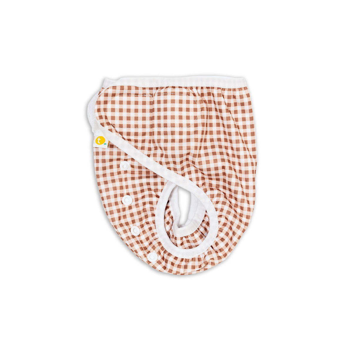 Side View with leg double gusset. Tyoub Reusable and Adjustable Swim Nappy. The Reusable Swim Nappy and Wet Bag in the colour fawn brown and white Gingham Check is Excellent for swimming lessons and all aquatic play. This swim nappy fits all babies from 3 months to 3 years old. With double inner leg gusset, it is leak and accident proof. Has a Snug fit and soft elastic seams. With no gaps, the exact waistband fit with soft VELCRO tabs. Made in quick dry fabric.