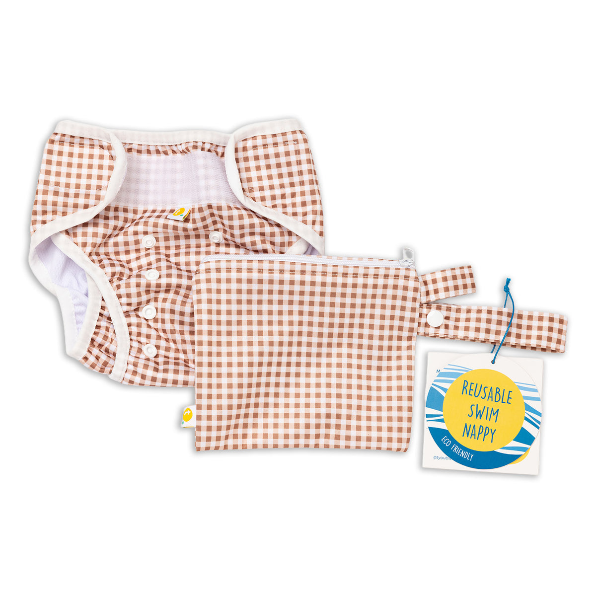 Set with small wet bag and Tyoub Reusable and Adjustable Swim Nappy. The Reusable Swim Nappy and Wet Bag in the colour fawn brown and white Gingham Check is Excellent for swimming lessons and all aquatic play. This swim nappy fits all babies from 3 months to 3 years old. With double inner leg gusset, it is leak and accident proof. Has a Snug fit and soft elastic seams. With no gaps, the exact waistband fit with soft VELCRO tabs. Made in quick dry fabric.