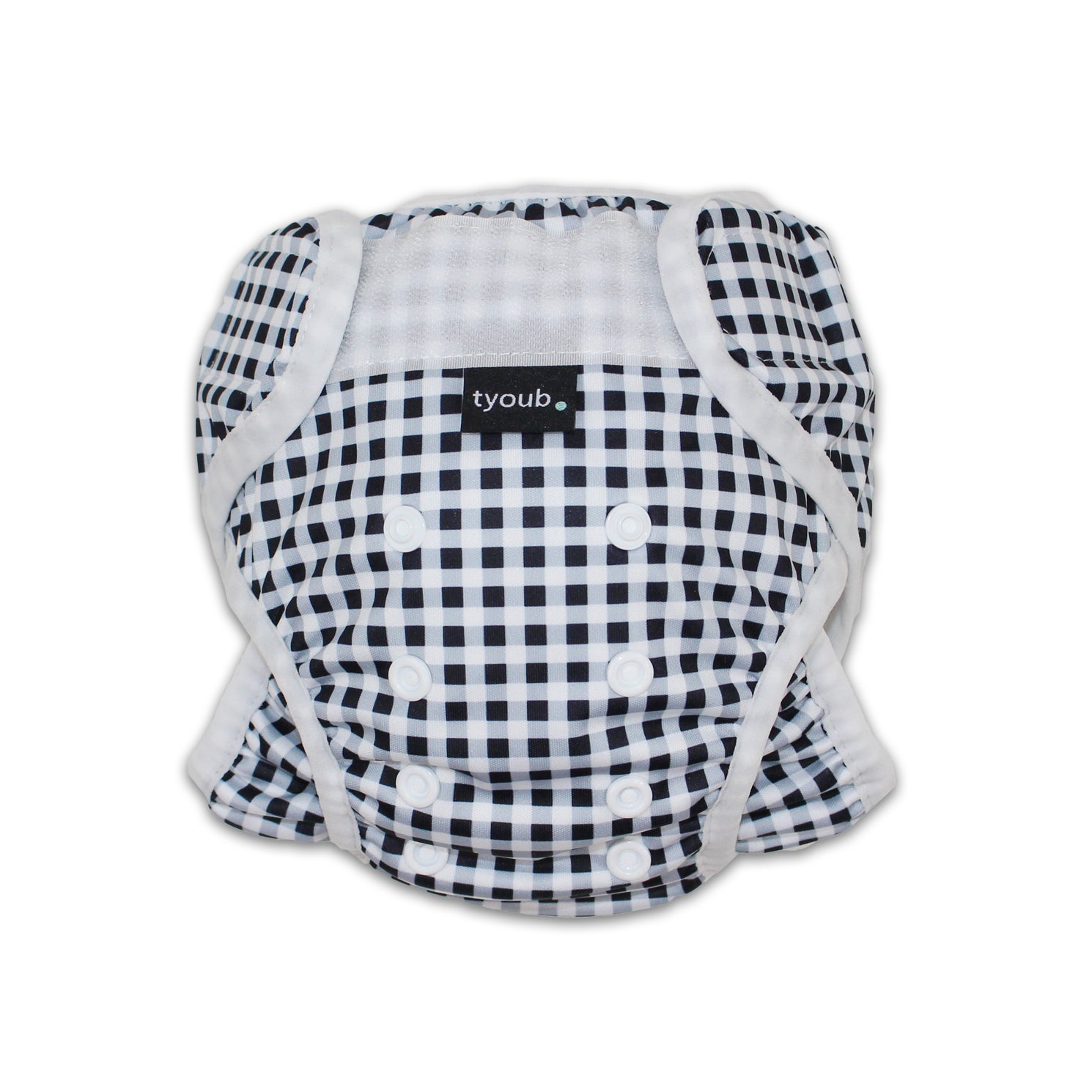 The Reusable Swim Nappy and Wet Bag in the colour black and white Gingham Check is Excellent for swimming lessons and all aquatic play. This swim nappy fits all babies from 3 months to 3 years old. With double inner leg gusset, it is leak and accident proof. Has a Snug fit and soft elastic seams. With no gaps, the exact waistband fit with soft VELCRO tabs. Made in quick dry fabric.
