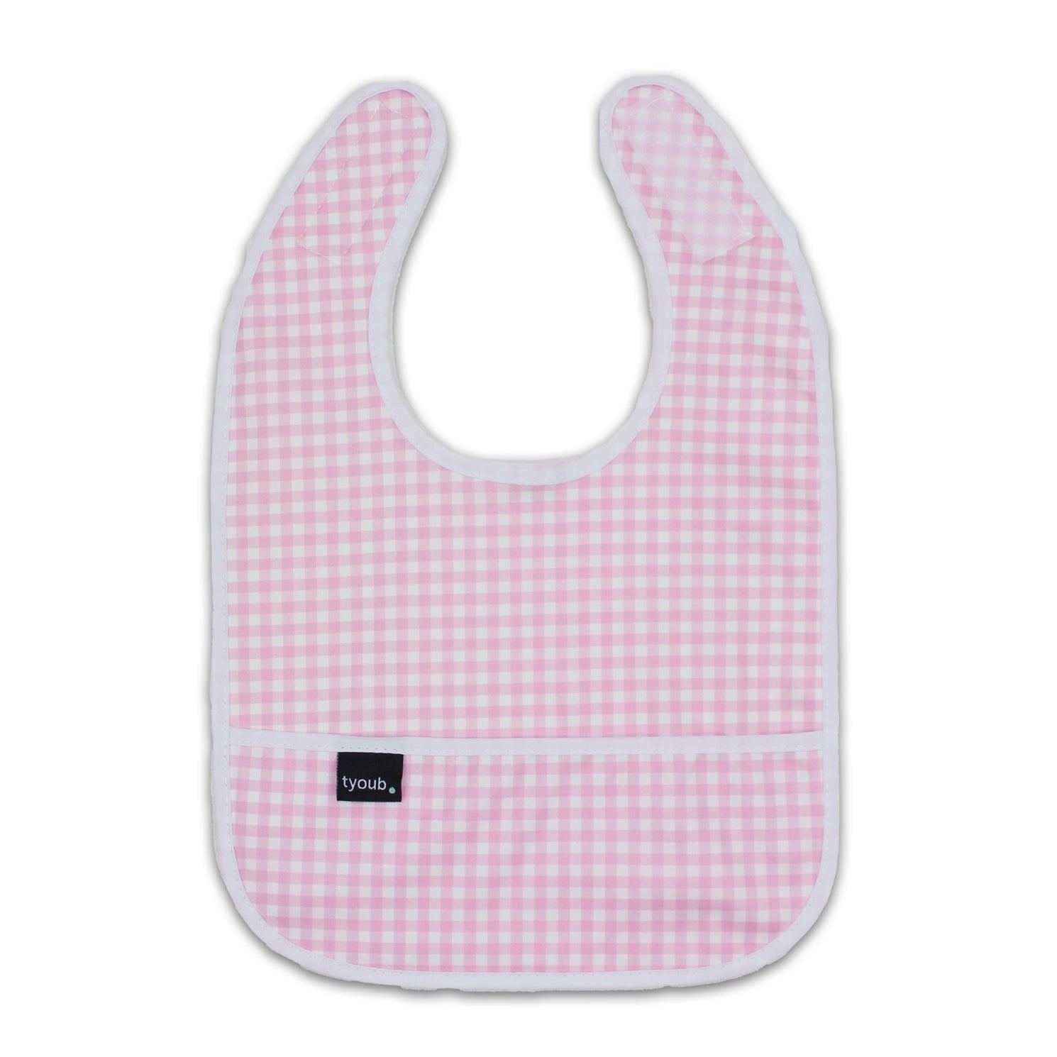 Baby Bib Tyoub Stay-dry Waterproof Fabric– Candy Pink White Gingham Check. For baby feeding and eating, bib covers chest area, keeping baby clean after mealtime. Comfortable with a strong Velcro tab to ensure a comfortable and secure fit, but easy for carer to remove. Gentle and soft on baby skin. Safe and secure our bibs are BPA-free, phthalate-free, PVC-free and lead-free. Unisex design fits infant, baby, toddler boys and girls from 6 months to 24 months.