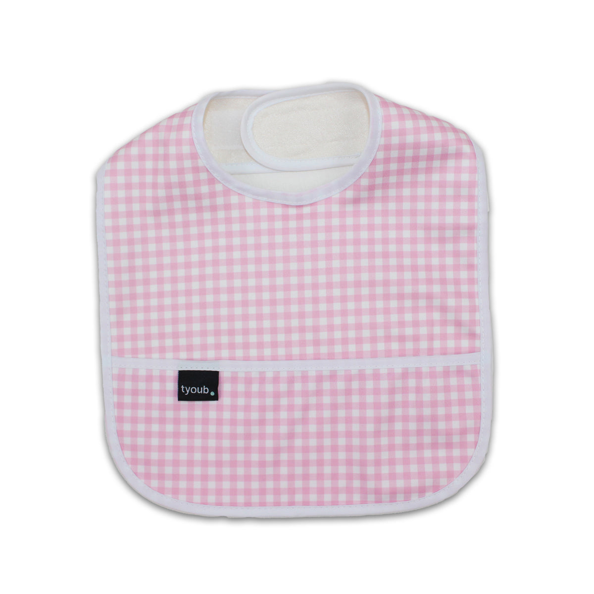 Baby Bib Tyoub Stay-dry Waterproof Fabric– Candy Pink White Gingham Check. For baby feeding and eating, bib covers chest area, keeping baby clean after mealtime. Comfortable with a strong Velcro tab to ensure a comfortable and secure fit, but easy for carer to remove. Gentle and soft on baby skin. Safe and secure our bibs are BPA-free, phthalate-free, PVC-free and lead-free. Unisex design fits infant, baby, toddler boys and girls from 6 months to 24 months.