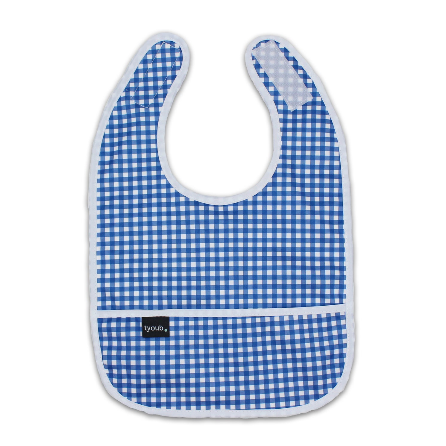 Baby Bib Tyoub Stay-dry Waterproof Fabric– Blue White Gingham Check. For baby feeding and eating, bib covers chest area, keeping baby clean after mealtime. Comfortable with a strong Velcro tab to ensure a comfortable and secure fit, but easy for carer to remove. Gentle and soft on baby skin. Safe and secure our bibs are BPA-free, phthalate-free, PVC-free and lead-free. Unisex design fits infant, baby, toddler boys and girls from 6 months to 24 months.