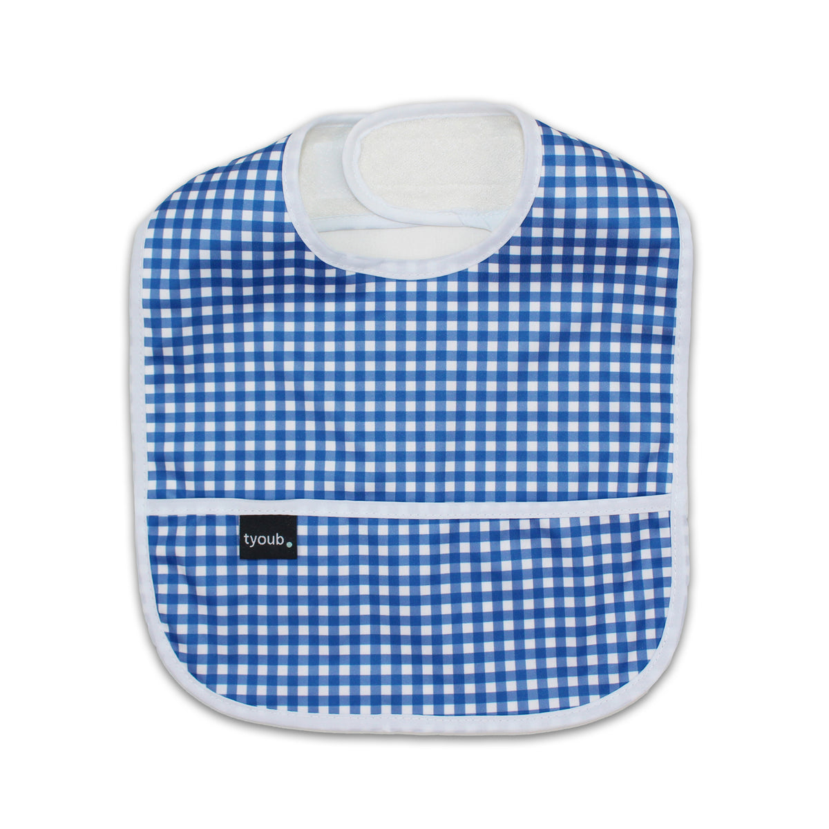 Baby Bib Tyoub Stay-dry Waterproof Fabric– Blue White Gingham Check. For baby feeding and eating, bib covers chest area, keeping baby clean after mealtime. Comfortable with a strong Velcro tab to ensure a comfortable and secure fit, but easy for carer to remove. Gentle and soft on baby skin. Safe and secure our bibs are BPA-free, phthalate-free, PVC-free and lead-free. Unisex design fits infant, baby, toddler boys and girls from 6 months to 24 months.