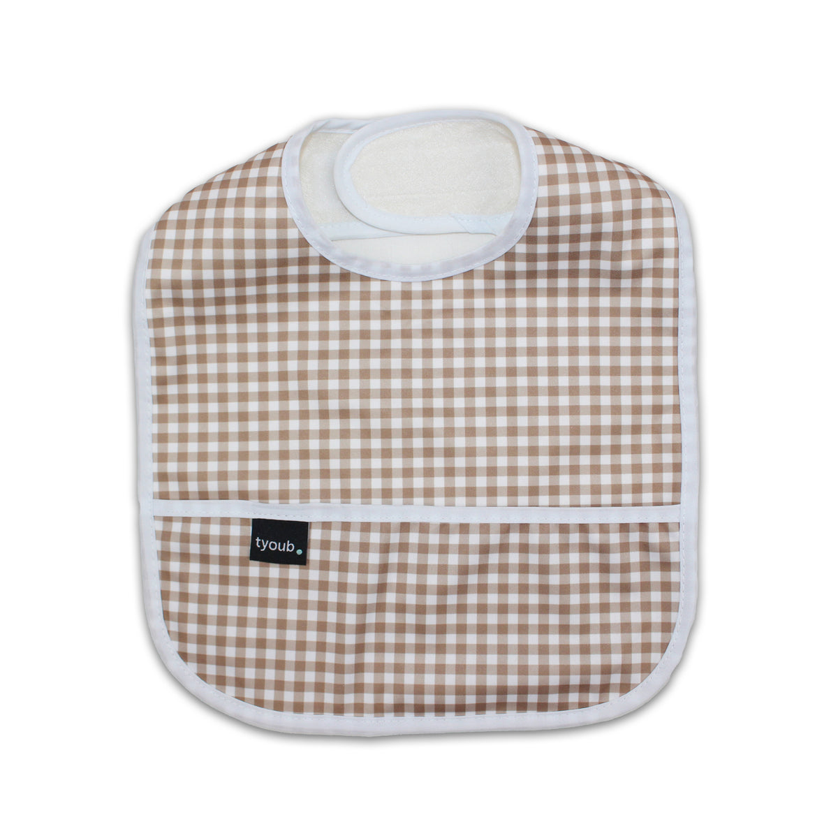 Baby Bib Tyoub Stay-dry Waterproof Fabric– Fawn White Gingham Check. For baby feeding and eating, bib covers chest area, keeping baby clean after mealtime. Comfortable with a strong Velcro tab to ensure a comfortable and secure fit, but easy for carer to remove. Gentle and soft on baby skin. Safe and secure our bibs are BPA-free, phthalate-free, PVC-free and lead-free. Unisex design fits infant, baby, toddler boys and girls from 6 months to 24 months.