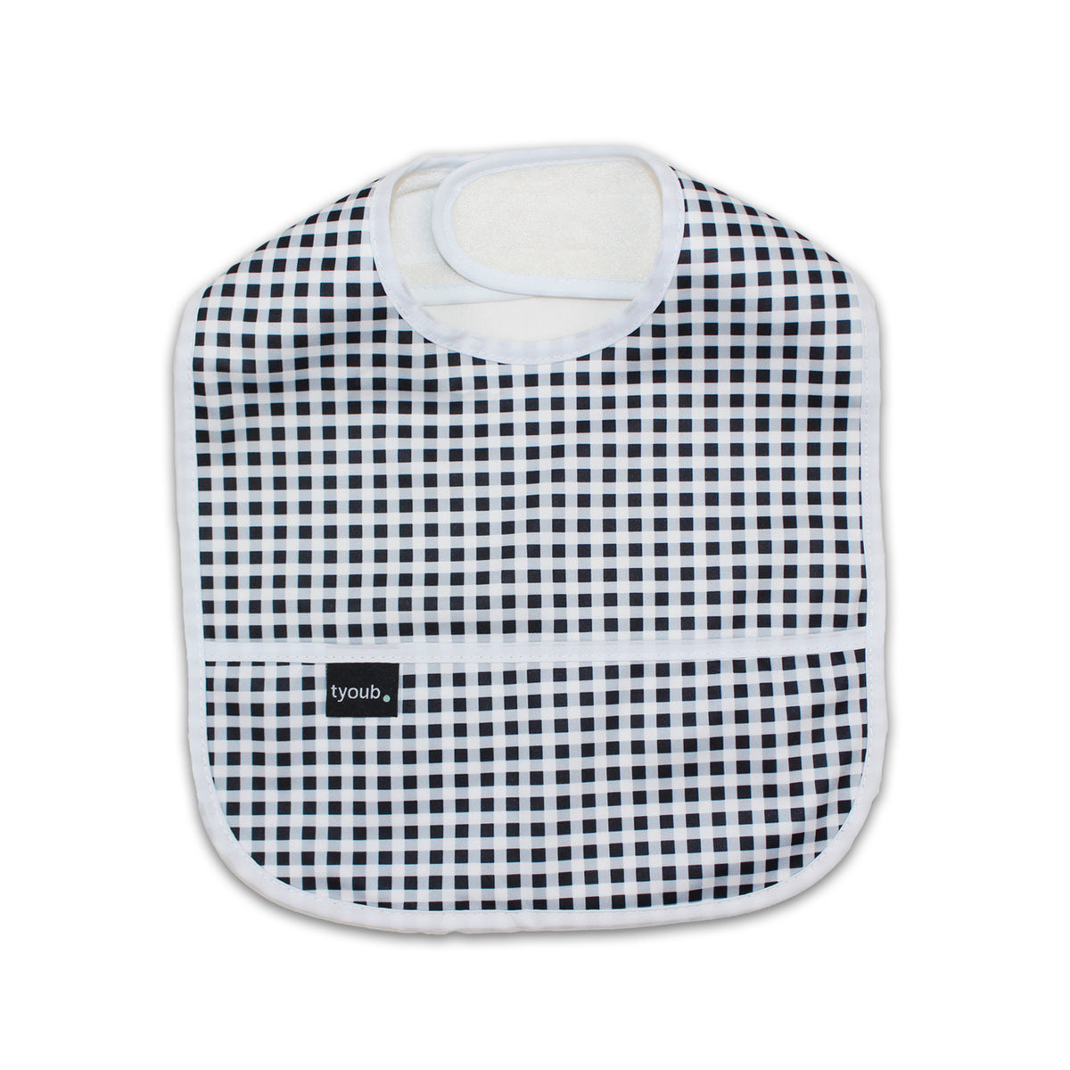 Baby Bib Tyoub Stay-dry Waterproof Fabric– Black White Gingham Check. For baby feeding and eating, bib covers chest area, keeping baby clean after mealtime. Comfortable with a strong Velcro tab to ensure a comfortable and secure fit, but easy for carer to remove. Gentle and soft on baby skin. Safe and secure our bibs are BPA-free, phthalate-free, PVC-free and lead-free. Unisex design fits infant, baby, toddler boys and girls from 6 months to 24 months.