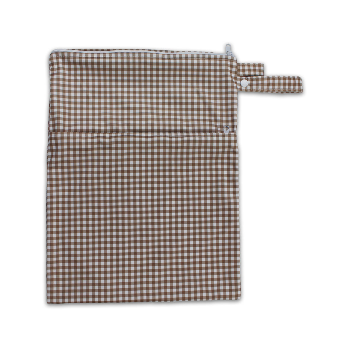 Tyoub Waterproof Stay-dry Zip Wet Bag– Fawn White Gingham Check Measures 30 x 40 cm. Large front zipped pocket to separate items. Main pouch with zipper to keep wet and dry things separate. Each pocket is waterproofed and zipped. Lightweight and easy to pack and carry.Come with a handy strap for easy carrying or hooking to your nappy bag or stroller.