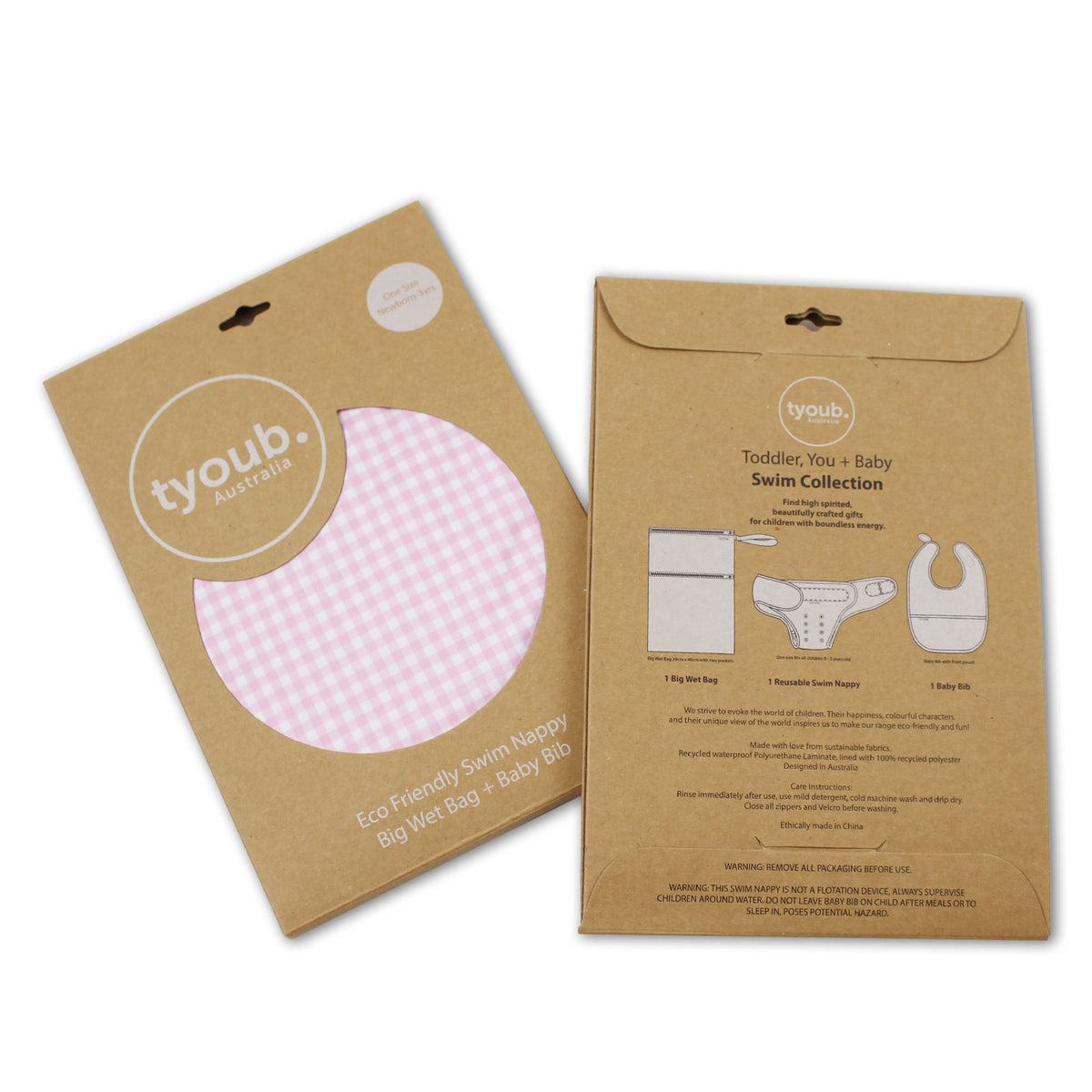 On The Go - Gift Set, Reusable Swim Nappy, Wet Bag and Baby Bib - Pink Check