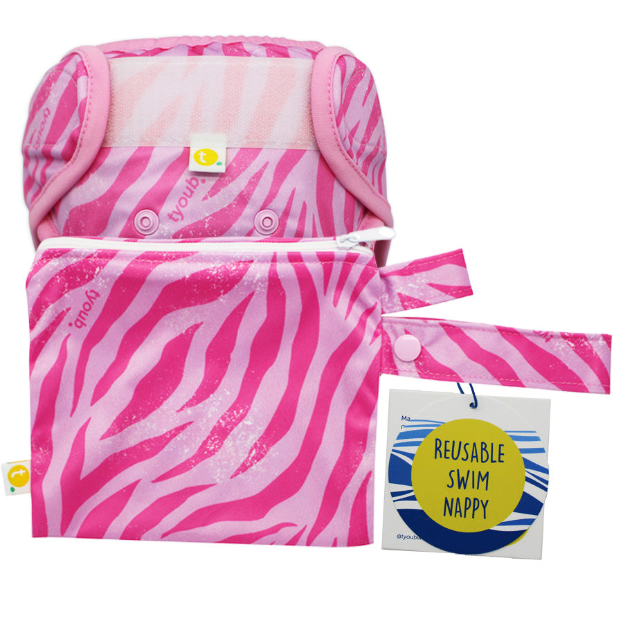 Tyoub Adjustable Reusable Swim Nappy and Wet Bag - Tiger Pink