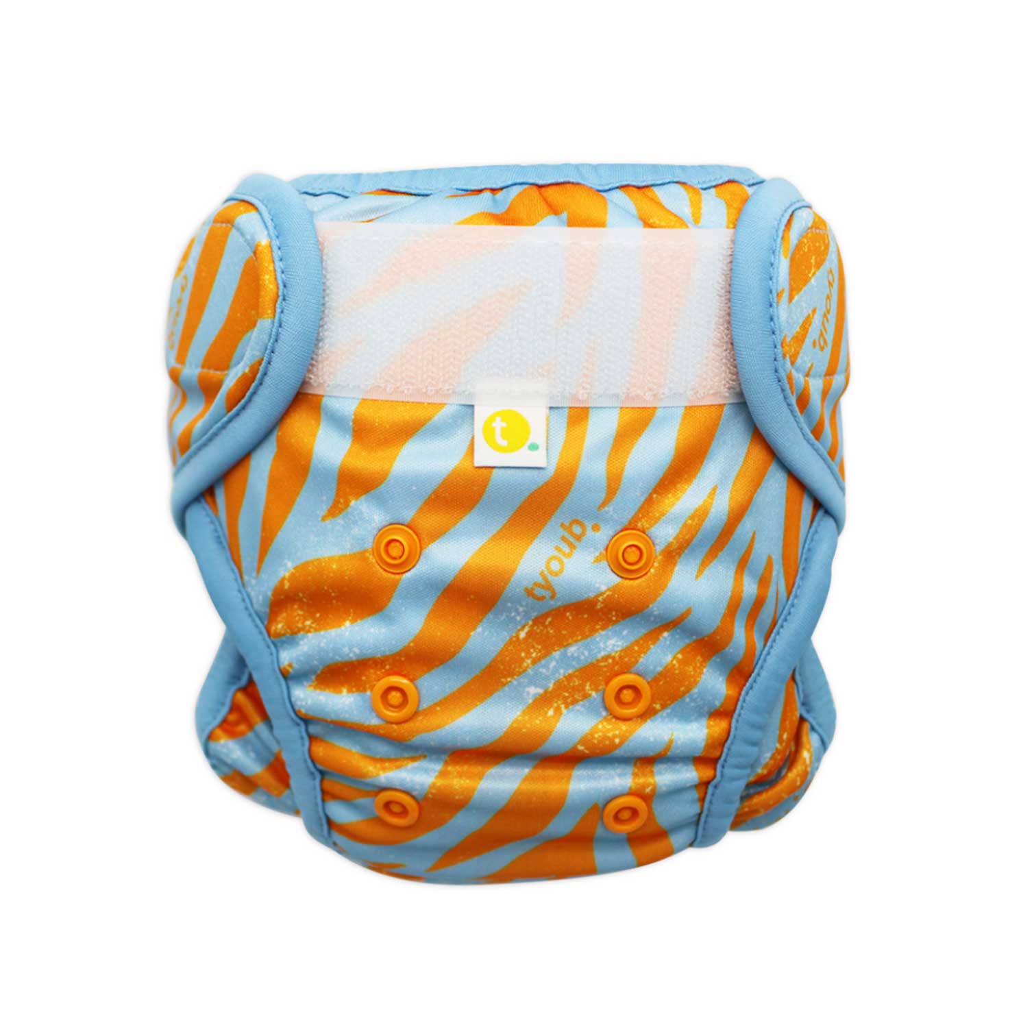 Front View of Tyoub Reusable and Adjustable Swim Nappy. The Reusable Swim Nappy and Wet Bag in the fun blue and orange tiger graphic pattern is excellent for swimming lessons and all aquatic play. This swim nappy fits all babies from 3 months to 3 years old. With double inner leg gusset, it is leak and accident proof. Has a Snug fit and soft elastic seams. With no gaps, the exact waistband fit with soft VELCRO tabs. Made in quick dry fabric.