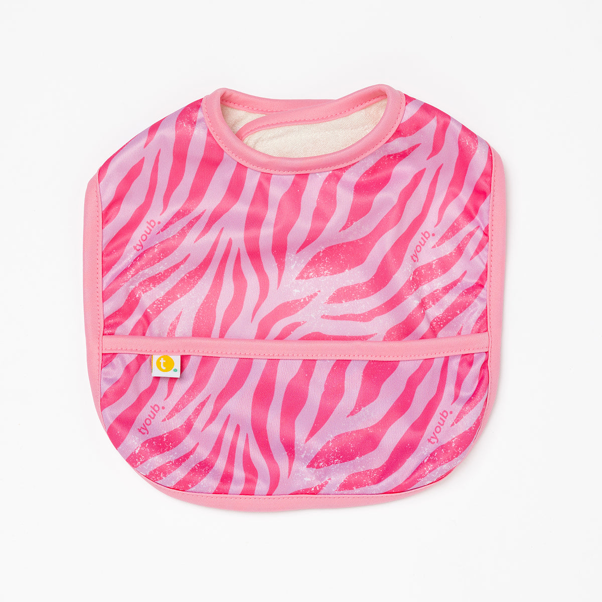 Pink zebra patterned baby bib on a white background