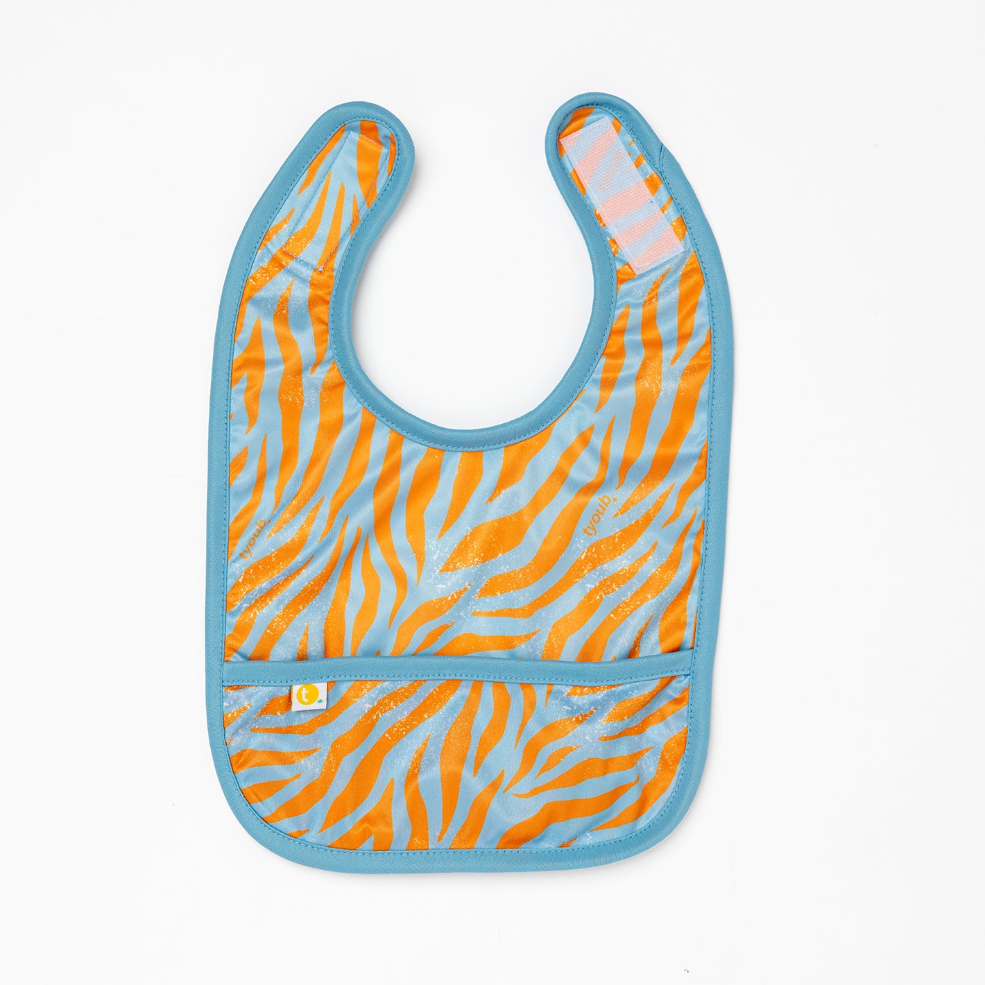 Baby bib with orange and blue zebra pattern on a white background