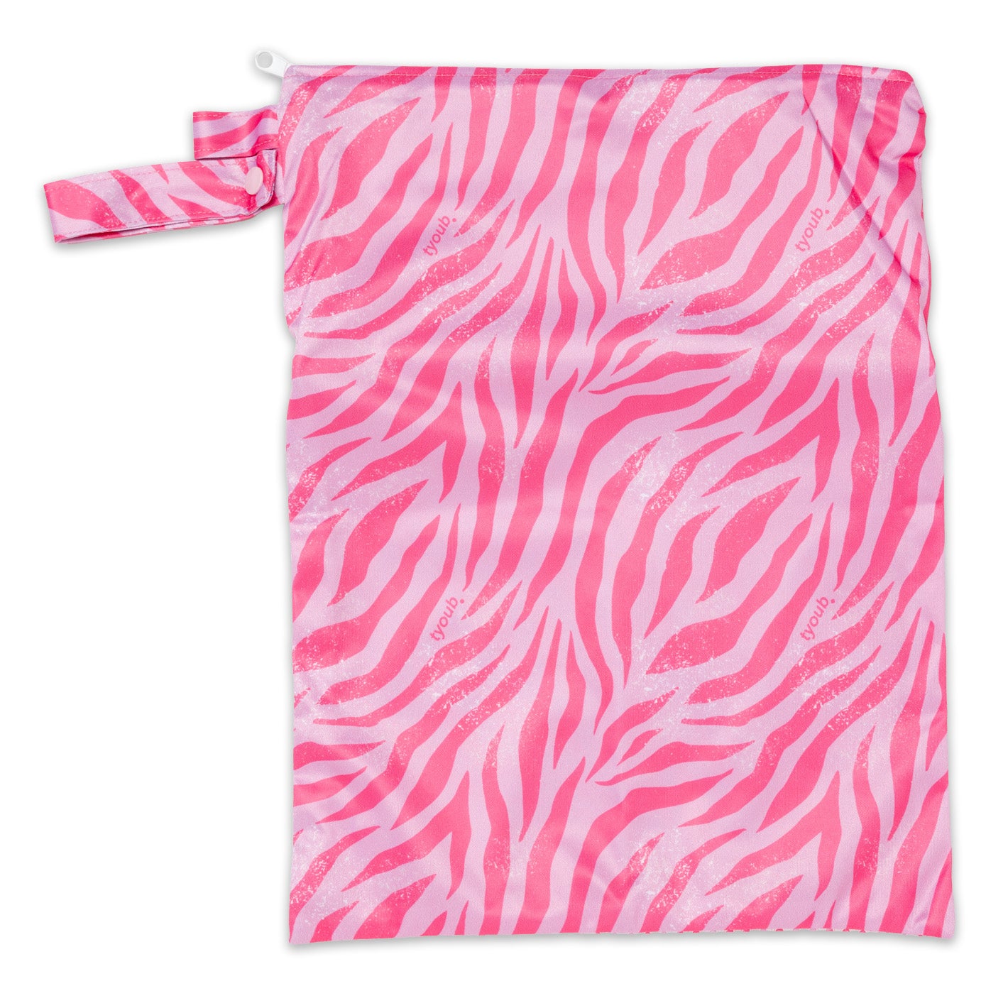 Pink and light pink zebra patterned wet bag on a white background. Wet bag with zip closure and strap with snap closure. Second hanging loop on top right side below zip.