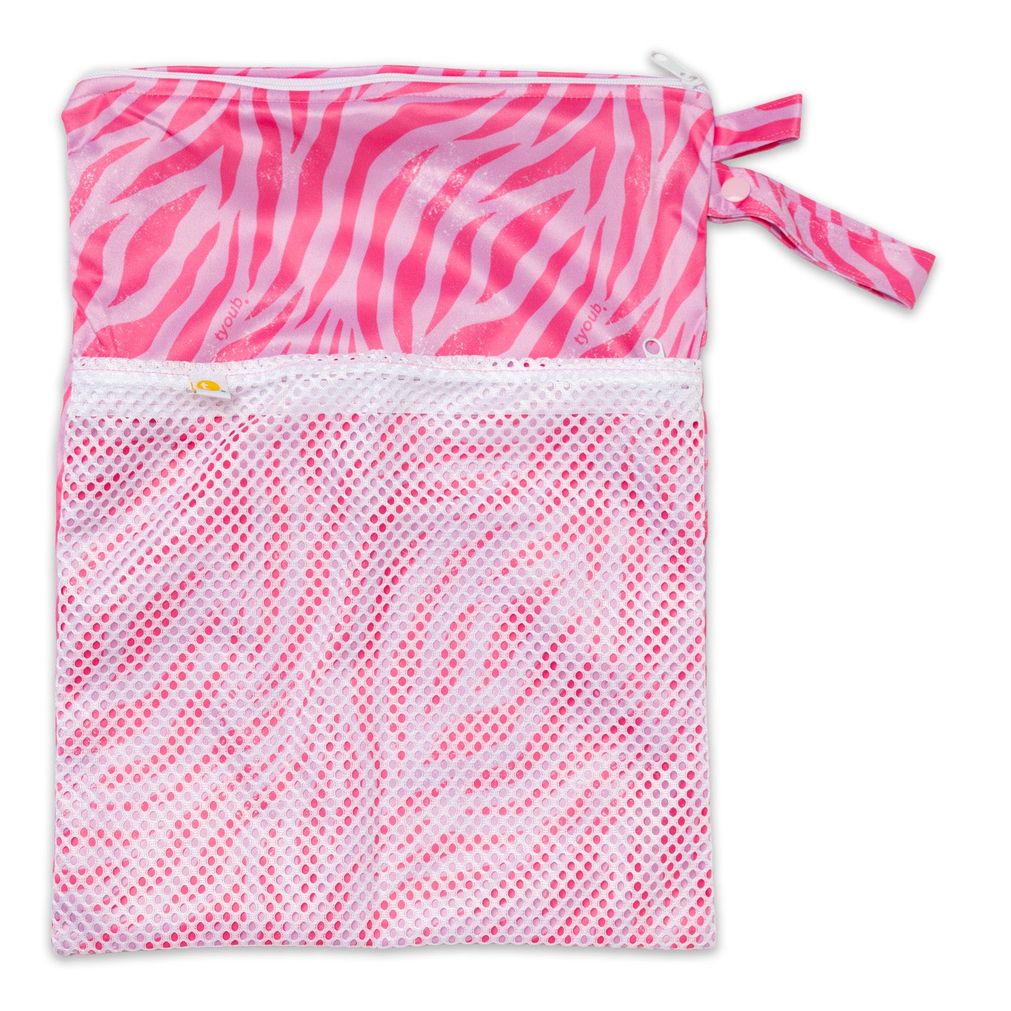 Pink and white zebra-patterned mesh bag with drawstring on a white background. A medium-sized pink wet bag. It includes a zipper closure and a strap for carrying.


