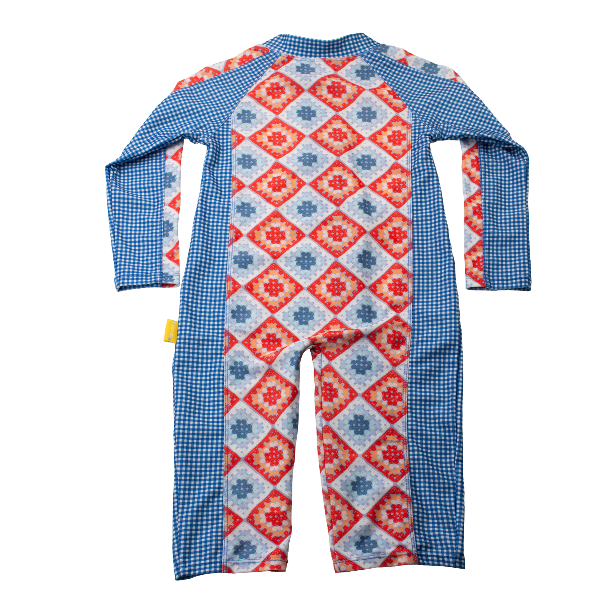 Back view of Baby long sleeve sunsuit in Modern Retro Granny Square print, full-body coverage with flatlock seams and panel design, enclosed ankle closure, crafted from recycled polyester with UPF 50+ sun protection.