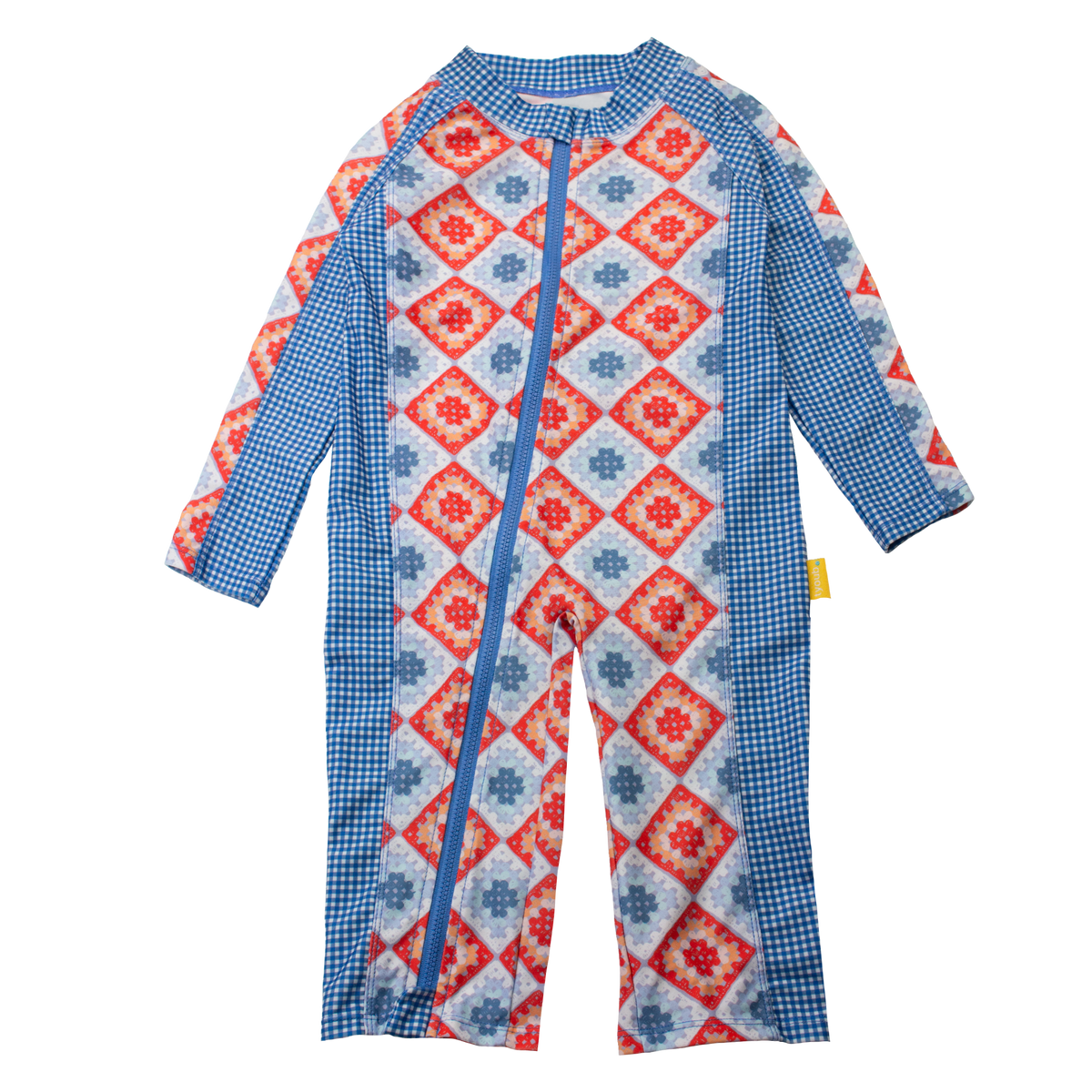 Baby long sleeve sunsuit in Modern Retro Granny Square print, full-length legs and sleeves, UPF 50+ sun protection, with contrast blue front zip and raglan sleeves – eco-friendly recycled polyester swimwear.