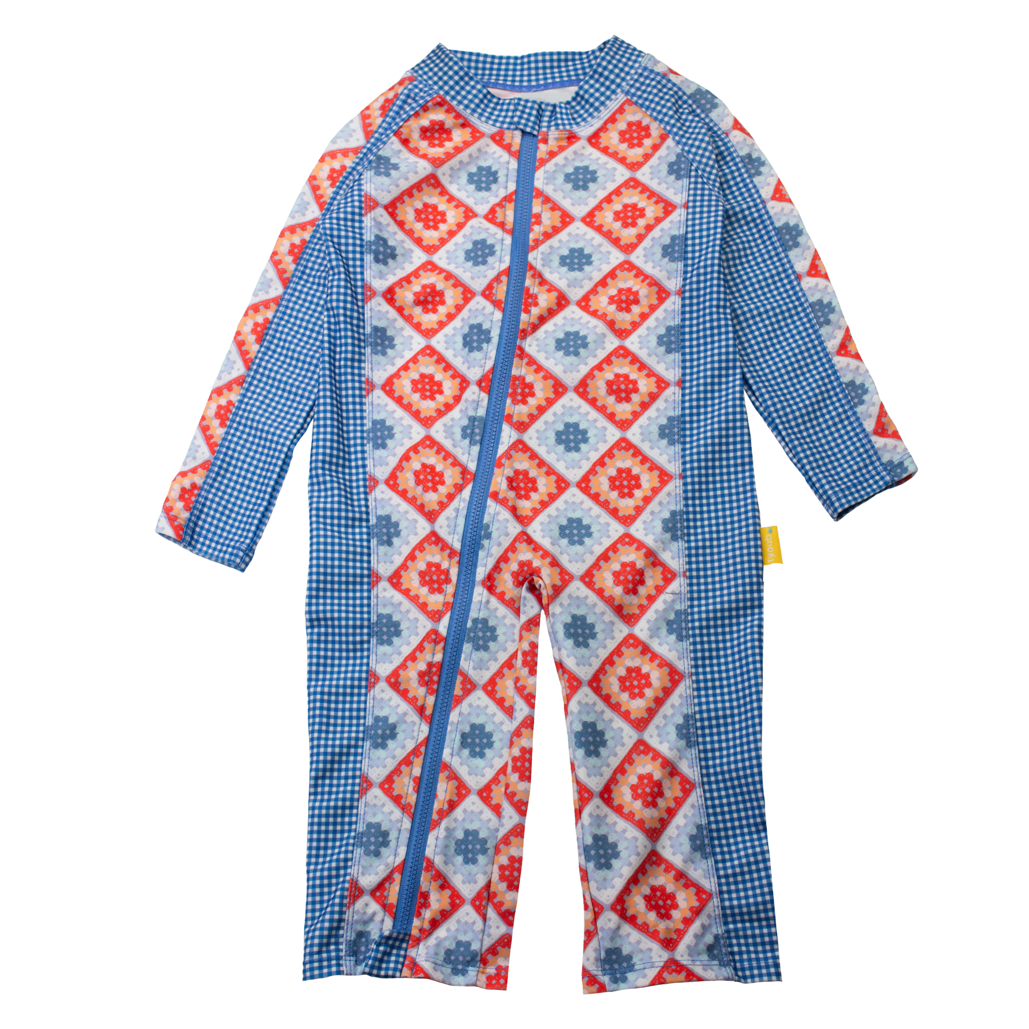 Baby long sleeve sunsuit in Modern Retro Granny Square print, full-length legs and sleeves, UPF 50+ sun protection, with contrast blue front zip and raglan sleeves – eco-friendly recycled polyester swimwear.