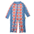 Baby long sleeve sunsuit in Modern Retro Granny Square print, full-length legs and sleeves, UPF 50+ sun protection, with contrast blue front zip and raglan sleeves – eco-friendly recycled polyester swimwear.