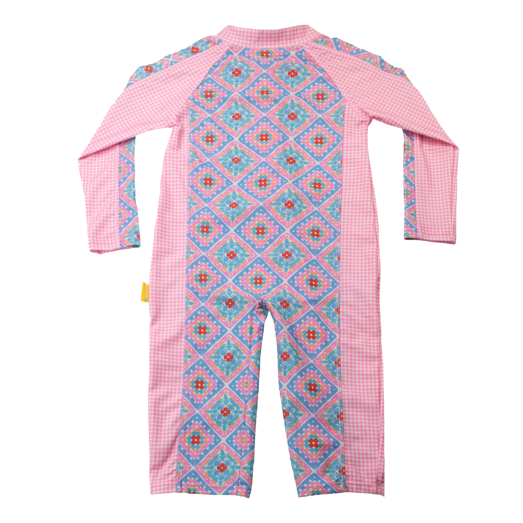 Back view of Baby long sleeve sunsuit in Petal Patchwork crochet print with pink gingham sleeves, full-body sun coverage, flatlock seam finish, ankle closure, crafted from eco-friendly recycled polyester fabric.