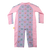 Back view of Baby long sleeve sunsuit in Petal Patchwork crochet print with pink gingham sleeves, full-body sun coverage, flatlock seam finish, ankle closure, crafted from eco-friendly recycled polyester fabric.