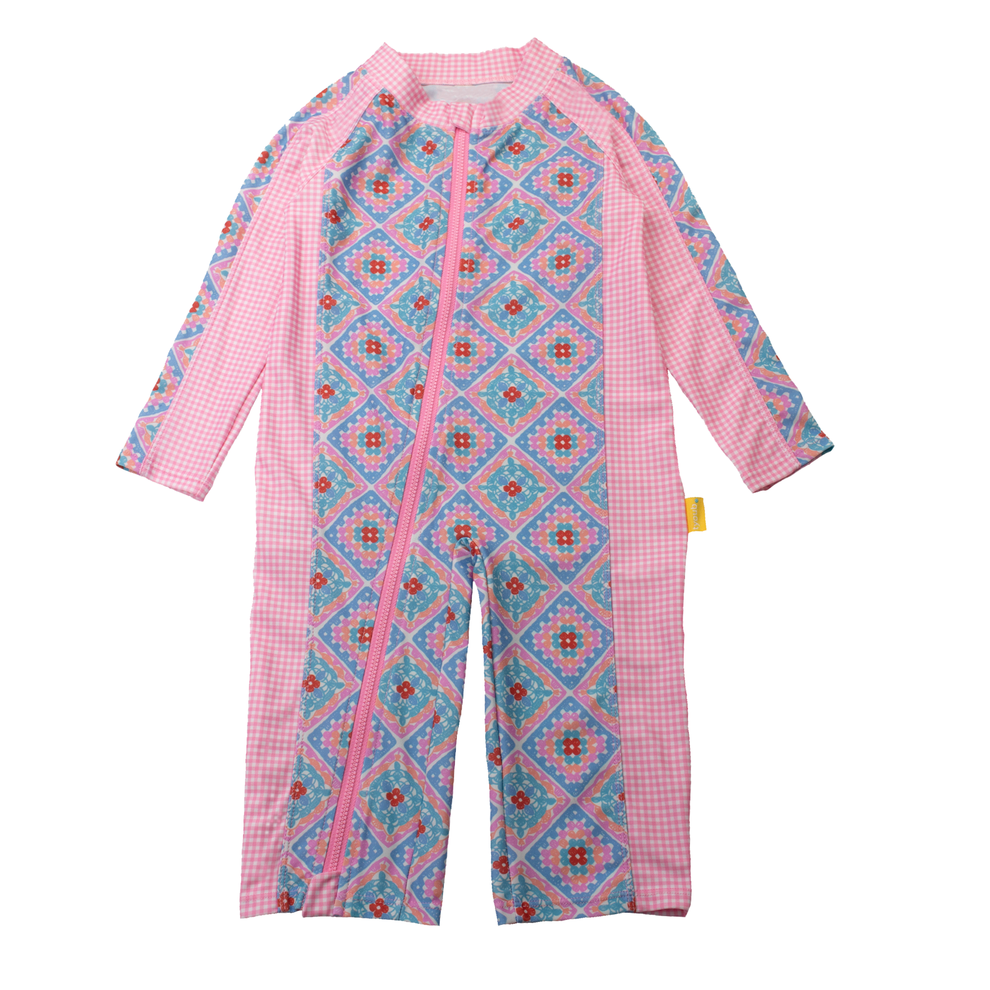 Baby long sleeve sunsuit in Petal Patchwork crochet print with pink gingham panels, full-length sleeves and legs, UPF 50+ sun protection, front zip closure, made from recycled polyester swim fabric.