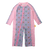 Baby long sleeve sunsuit in Petal Patchwork crochet print with pink gingham panels, full-length sleeves and legs, UPF 50+ sun protection, front zip closure, made from recycled polyester swim fabric.