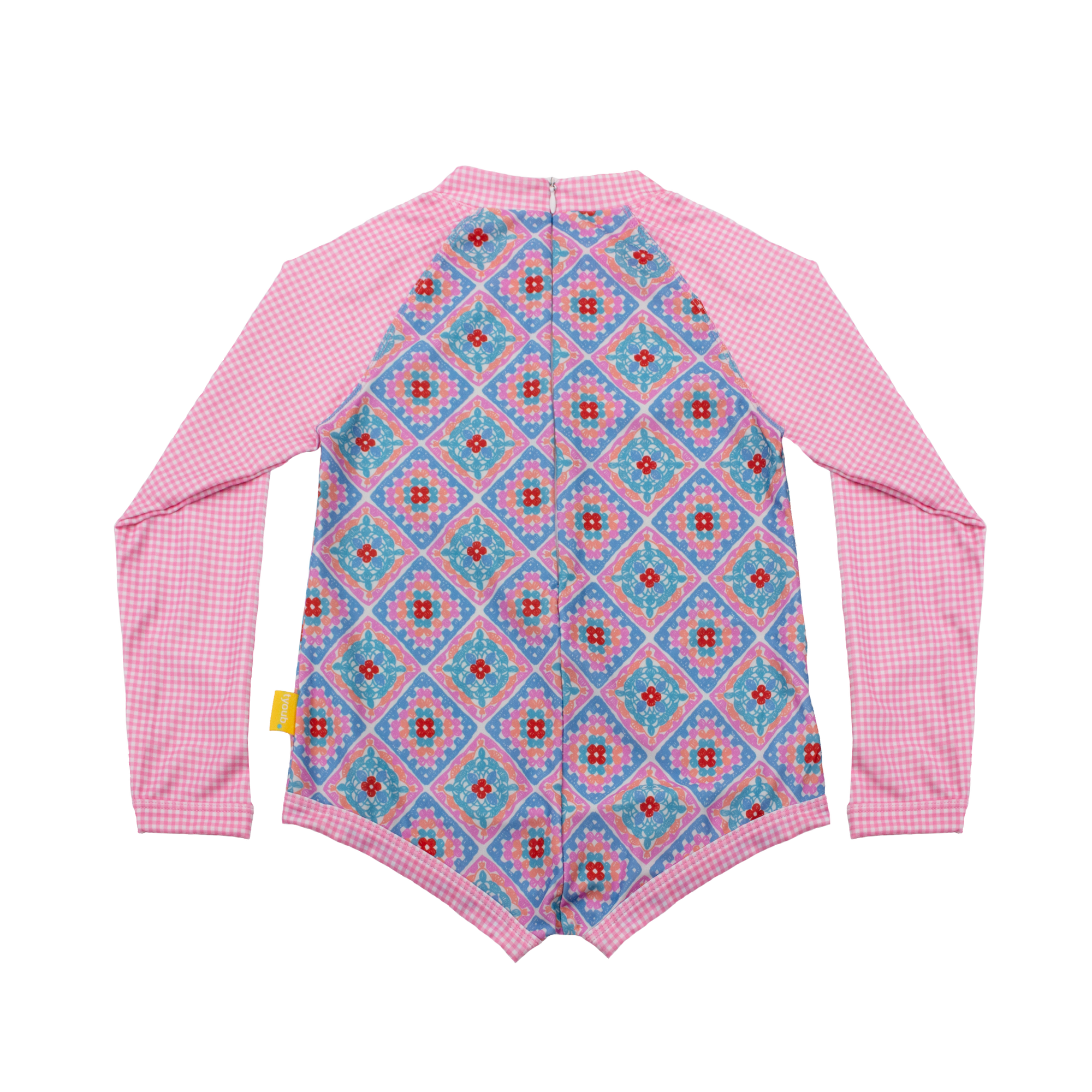 Back view of girls long sleeve one-piece swimsuit in Petal Patchwork print, invisible back zip with full length guard, enclosed leg and cuff openings, sustainable recycled polyester fabric with UPF 50+ sun protection.