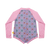 Back view of girls long sleeve one-piece swimsuit in Petal Patchwork print, invisible back zip with full length guard, enclosed leg and cuff openings, sustainable recycled polyester fabric with UPF 50+ sun protection.