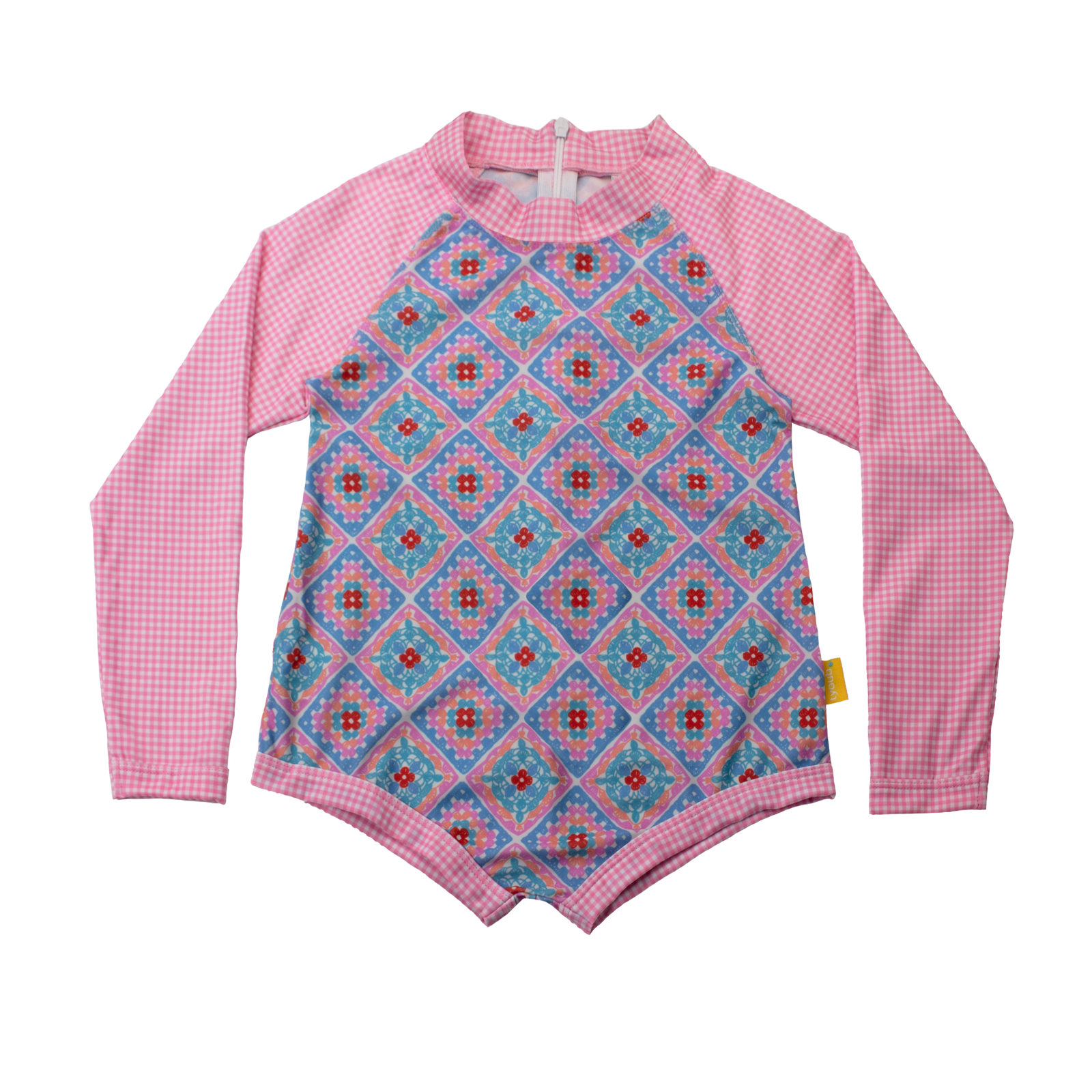 Girls long sleeve one-piece swimsuit in Petal Patchwork crochet print with pink gingham raglan sleeves and collar, full-body UPF 50+ sun protection, eco-friendly recycled polyester swimwear.