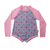 Girls long sleeve one-piece swimsuit in Petal Patchwork crochet print with pink gingham raglan sleeves and collar, full-body UPF 50+ sun protection, eco-friendly recycled polyester swimwear.
