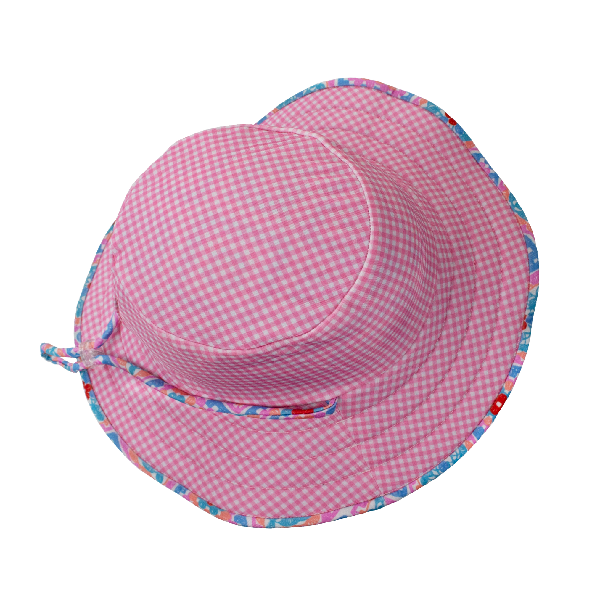 Inside view of Tyoub kids’ ruffle sun hat, showing pink gingham reverse check lining, chin strap with pull-closure, neat stitching and quality finish, crafted from sustainable recycled polyester fabric.