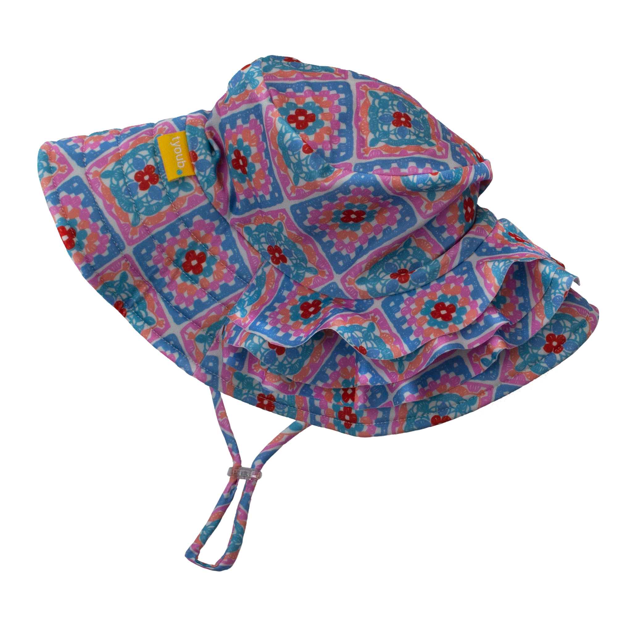 Side view of Tyoub kids’ ruffle sun hat in Petal Patchwork print, broad brim with layered ruffles, foam shape-retention brim and adjustable chin strap, eco-friendly recycled swim fabric.