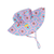 Side view of Tyoub kids’ ruffle sun hat in Petal Patchwork print, broad brim with layered ruffles, foam shape-retention brim and adjustable chin strap, eco-friendly recycled swim fabric.