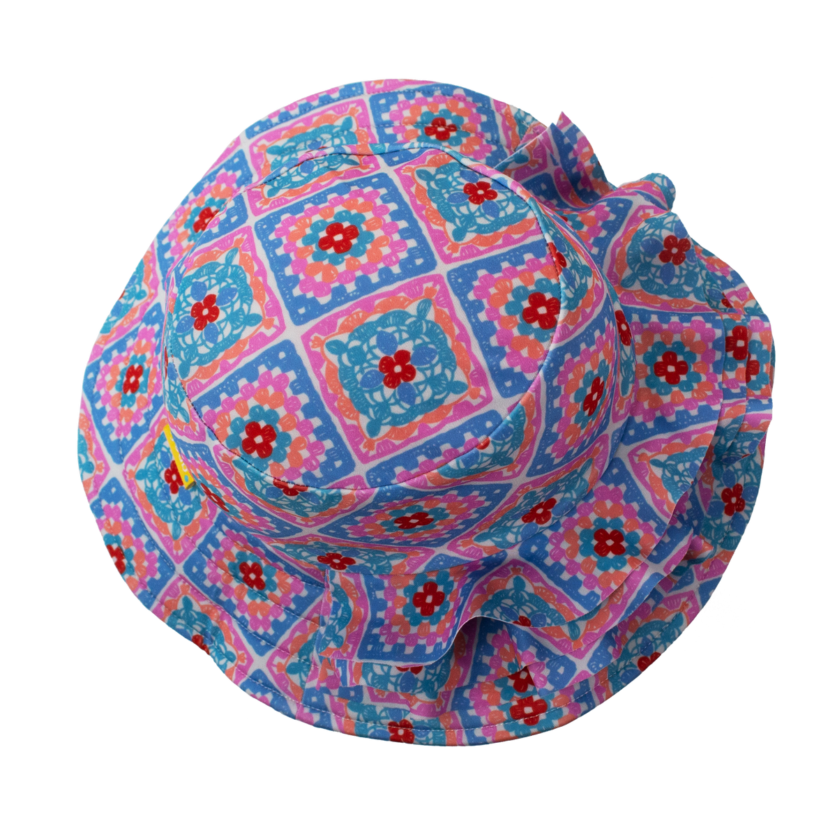 Tyoub kids’ ruffle sun hat in Petal Patchwork crochet print with three-tiered flounce brim, wide coverage design made from recycled polyester swim fabric, UPF 50+ sun protection.”