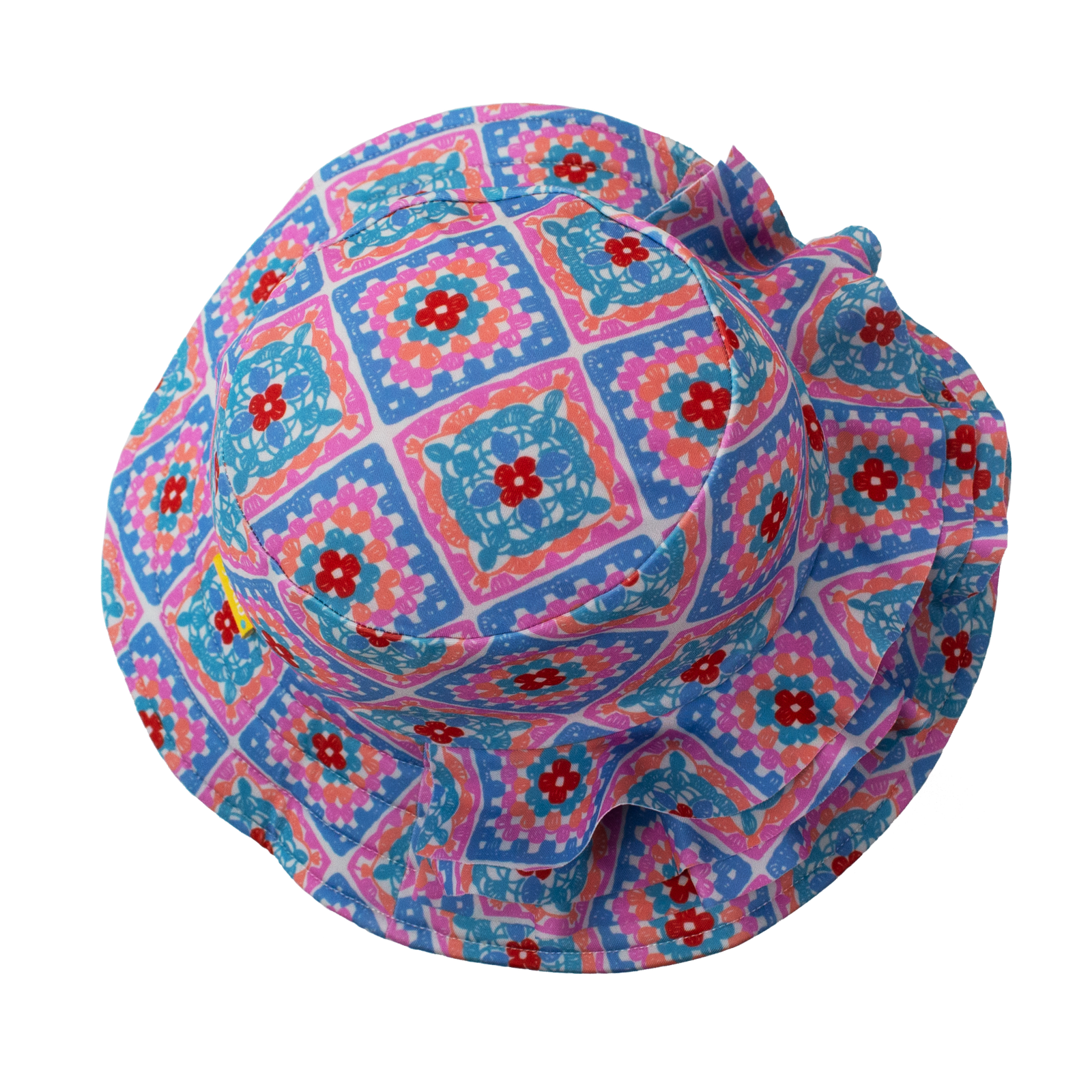 Tyoub kids’ ruffle sun hat in Petal Patchwork crochet print with three-tiered flounce brim, wide coverage design made from recycled polyester swim fabric, UPF 50+ sun protection.”